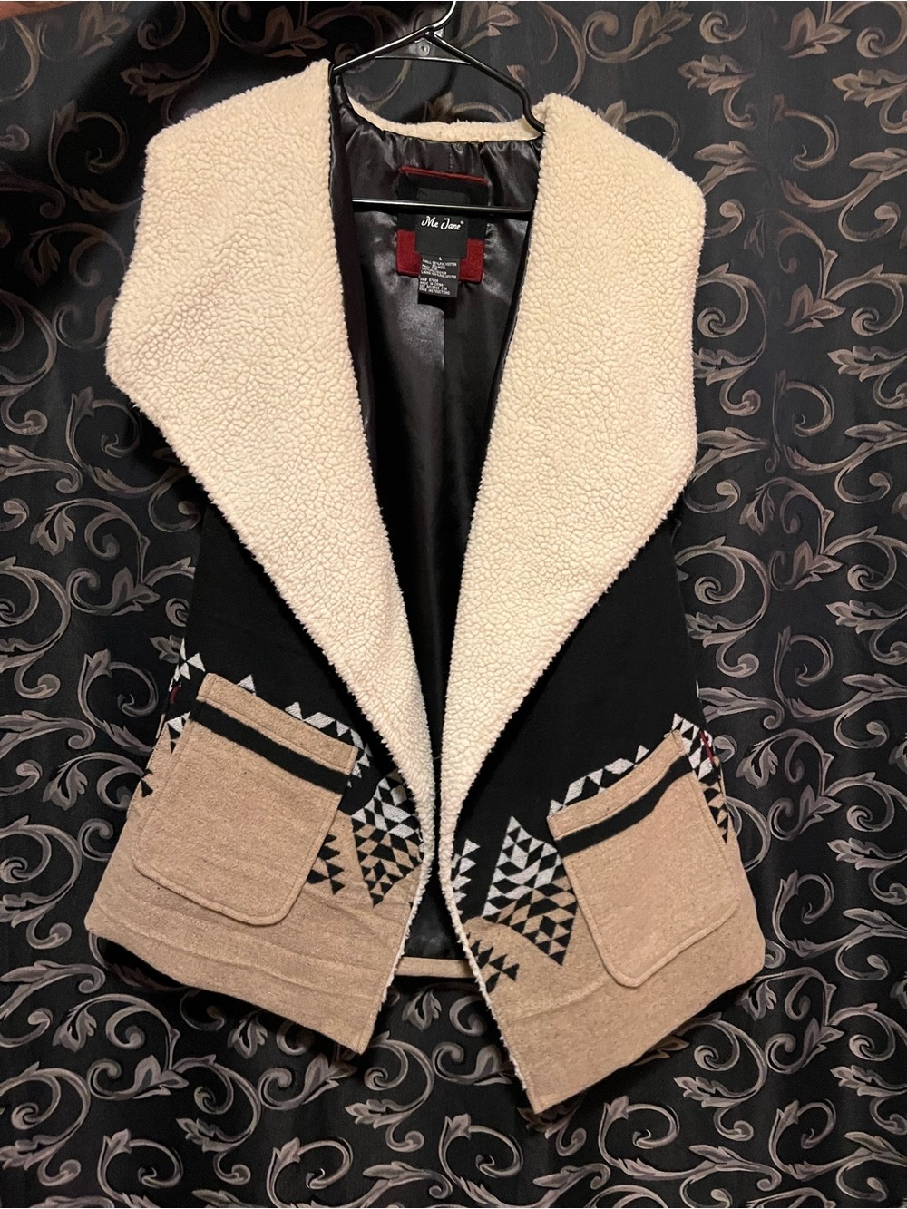 Me Jane Black Vest with Cream Sherpa Shawl Collar and Tan Pocket Accents